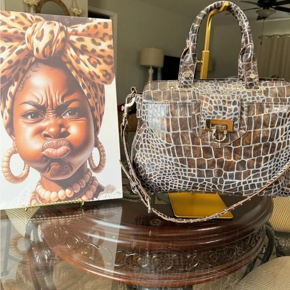 Elaine Turner Brown Croc-Embossed Satchel with Gold Hardware - Picture 1 of 10